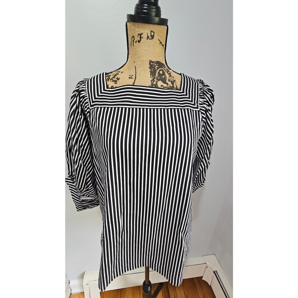Loft Blouse Square-Neck Striped Puff Sleeve, Black & White, New w tags, Sz S